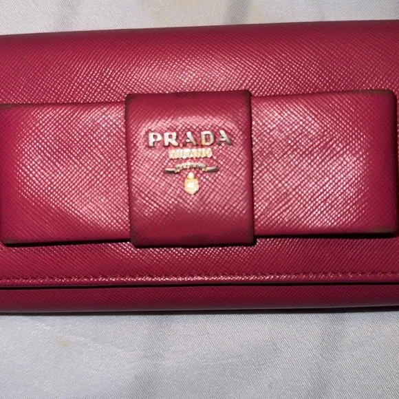 Authentic PRADA Saffiano Leather Fiocco Long Wallet Fuchsia GUC